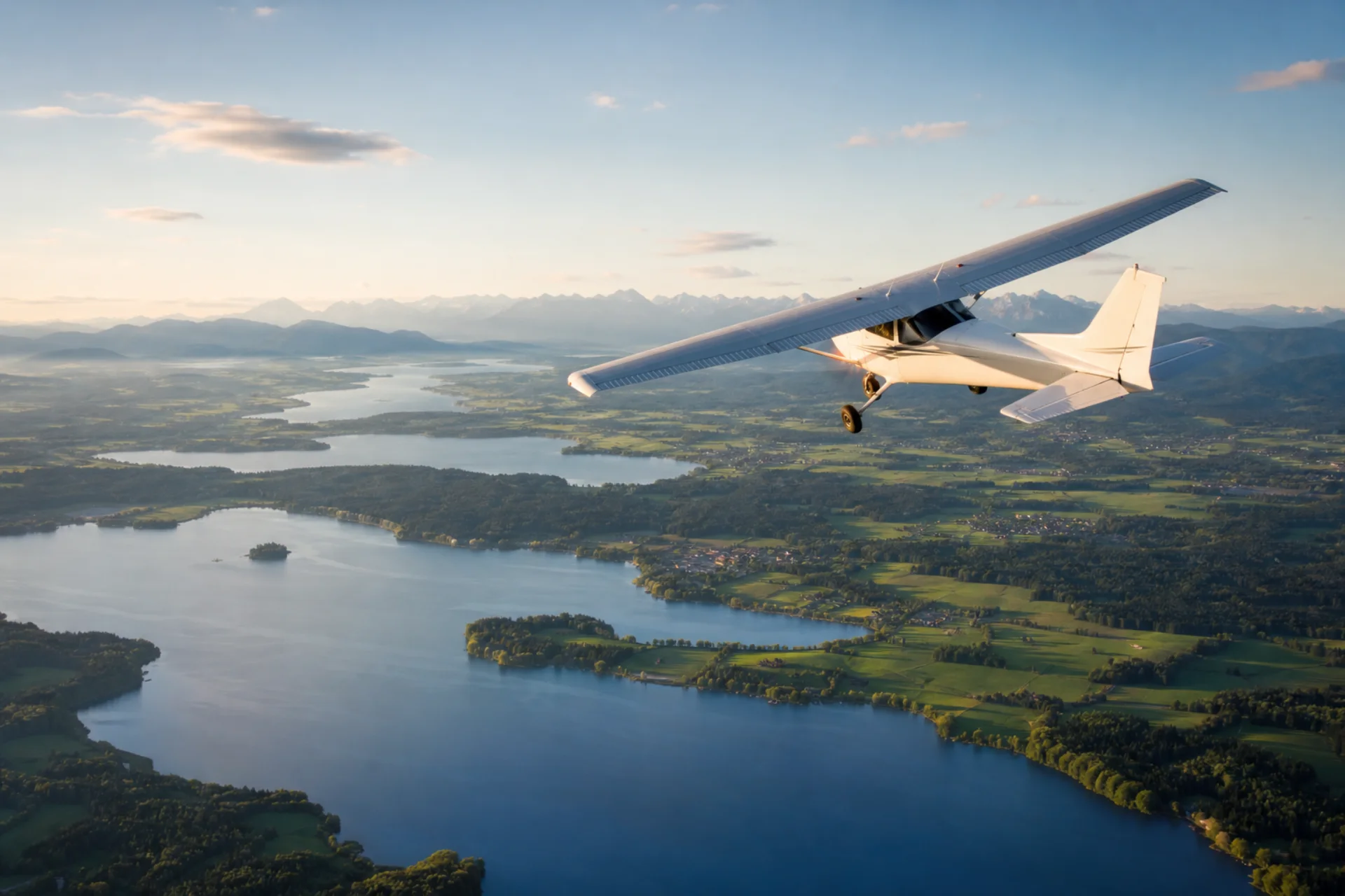 A light aircraft above Bavarian lakes and the Alps